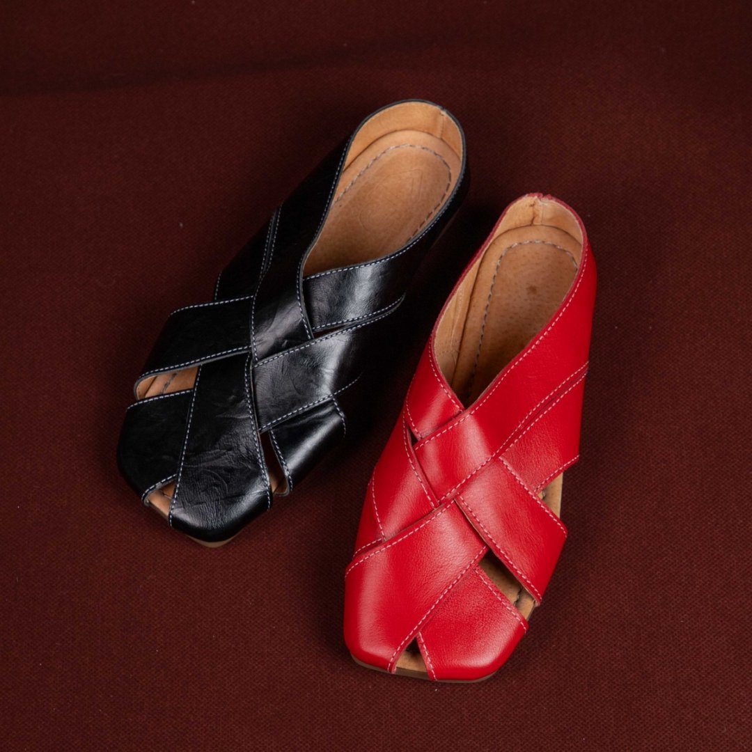 Women's Genuine Leather Cross-Strap Flat Mule Sandals with Woven Detail and Square Toe