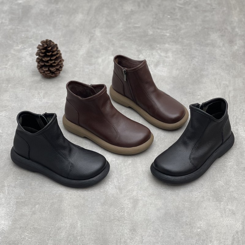 Women’s Handmade Genuine Leather Round Toe Flat Ankle Boots with Side Zipper
