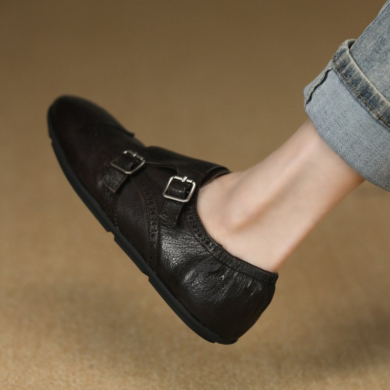Women’s Vintage Brogue Loafers with Buckle Strap, Round Toe Flat Leather Shoes