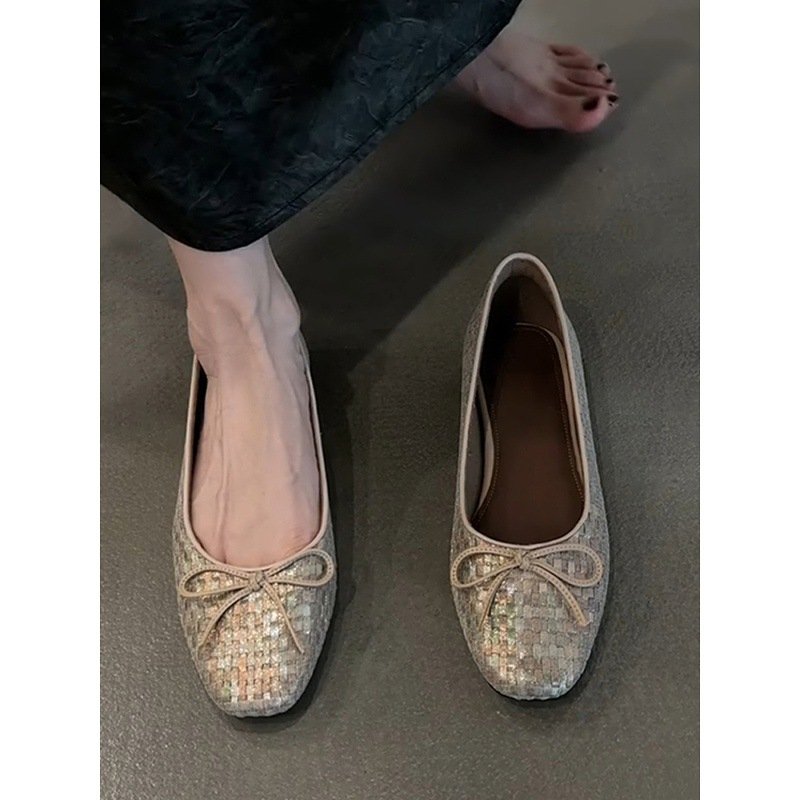 Women’s Sheepskin Woven Bow Ballet Flats with Square Toe