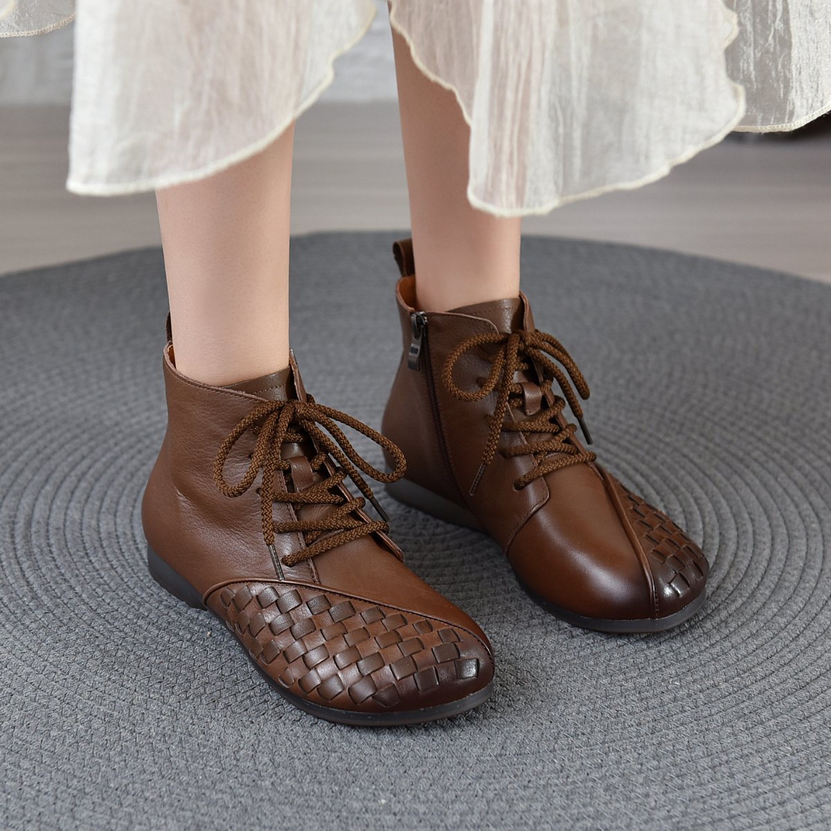 Women's Handwoven Genuine Leather Flat Ankle Boots with Round Toe