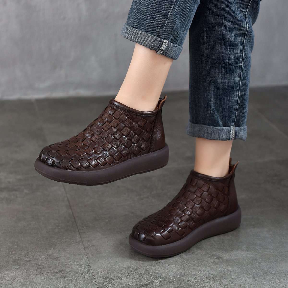 Women’s Handwoven Leather Round Toe Flat Ankle Boots