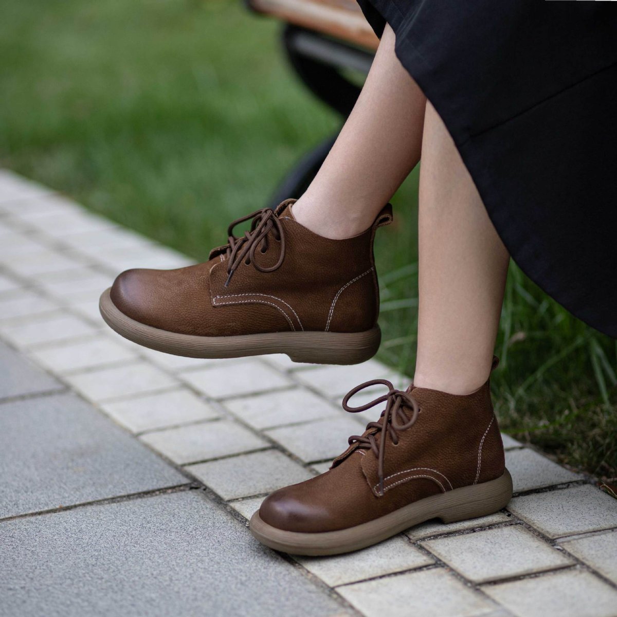 Women’s Genuine Leather Lace-Up Ankle Martin Boots with Round Toe Flat Sole