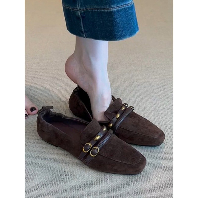 Women's Retro Square Toe Suede Leather Slip-On Loafers with Low Block Heel