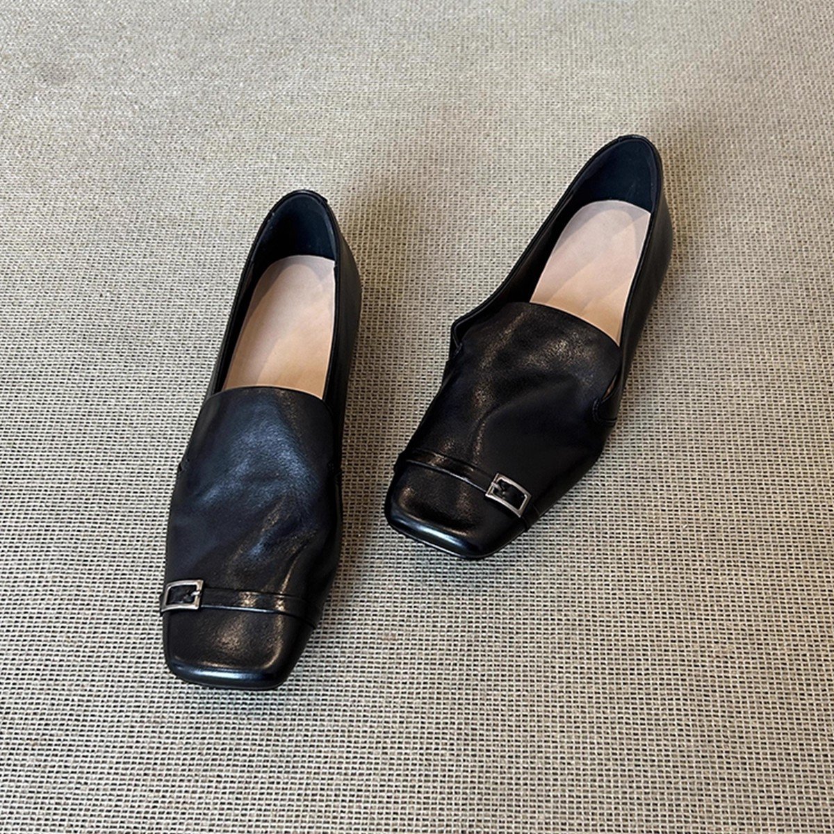 Women's Square Toe Leather Penny Loafers Flat Slip-On Shoes