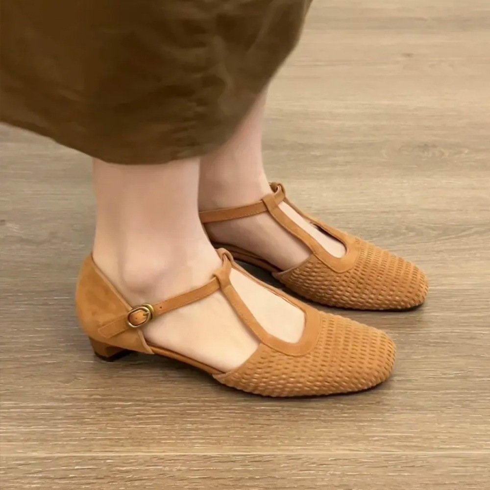 Women's Vintage Woven Square Toe T-Strap Flat Sandals with Suede Trim and Buckle Closure